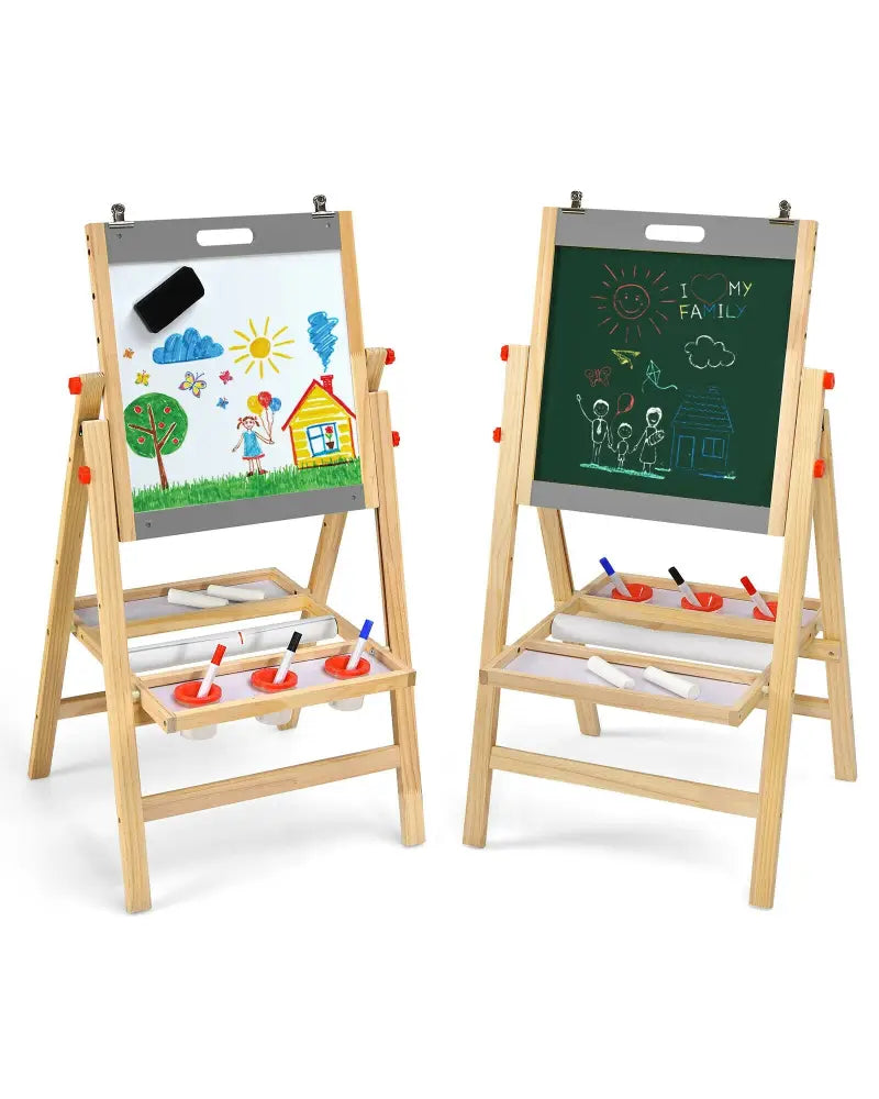 Kids Art Easel with Paper Roll Double Sided Chalkboard and Whiteboard-Gray - Gray - Art Easels