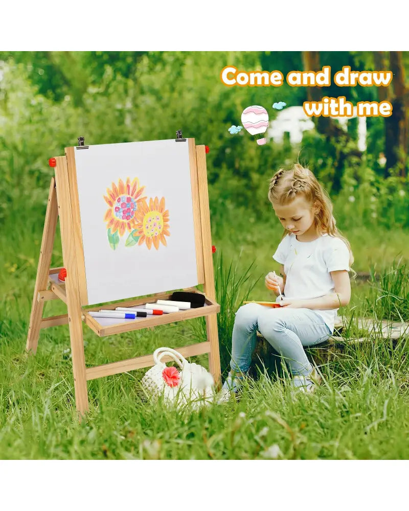 Kids Art Easel with Paper Roll Double Sided Chalkboard and Whiteboard-Gray - Gray - Art Easels