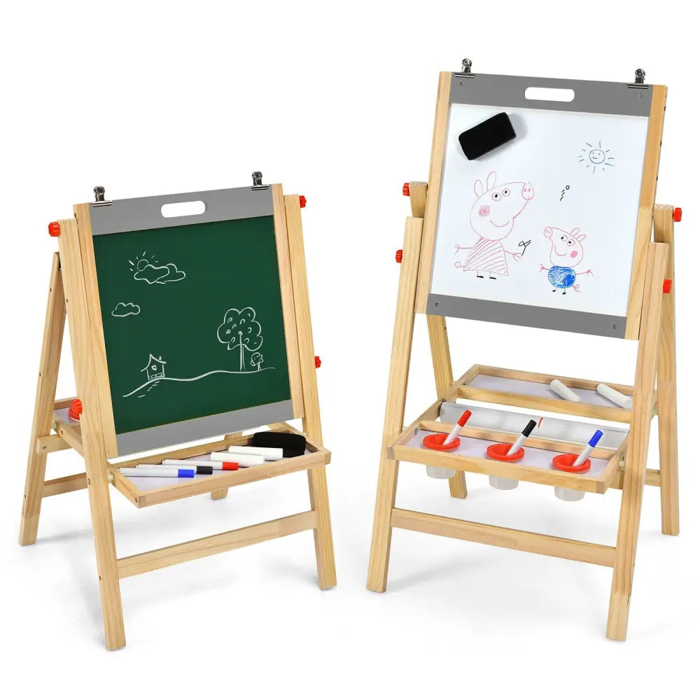 Kids Art Easel with Paper Roll Double Sided Chalkboard and Whiteboard-Gray - Gray - Art Easels