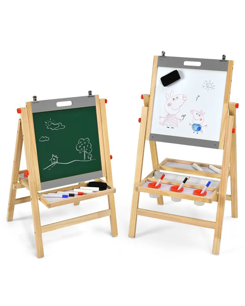 Kids Art Easel with Paper Roll Double Sided Chalkboard and Whiteboard-Gray - Gray - Art Easels