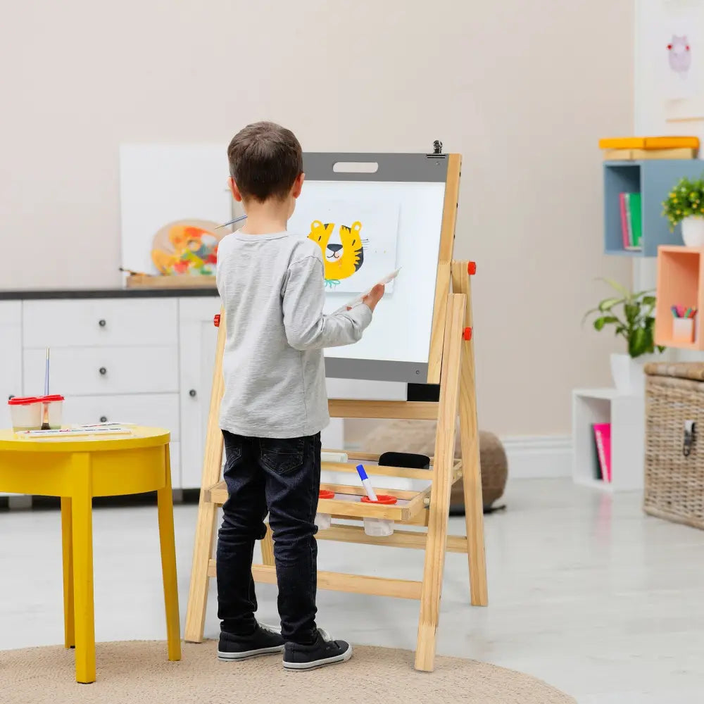 Kids Art Easel with Paper Roll Double Sided Chalkboard and Whiteboard-Gray - Gray - Art Easels