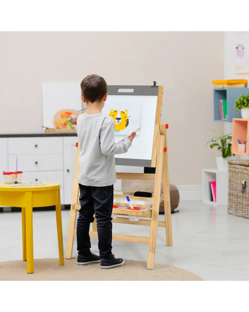 Kids Art Easel with Paper Roll Double Sided Chalkboard and Whiteboard-Gray - Gray - Art Easels