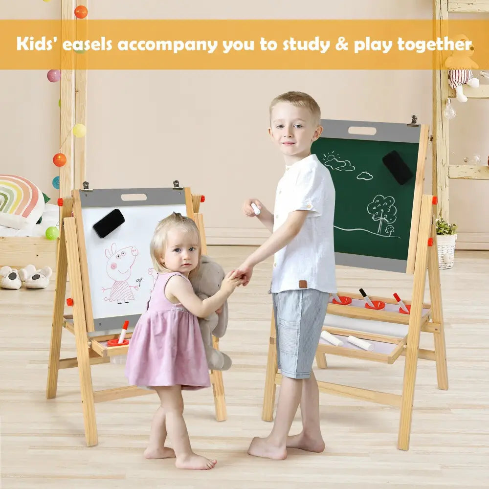 Kids Art Easel with Paper Roll Double Sided Chalkboard and Whiteboard-Gray - Gray - Art Easels