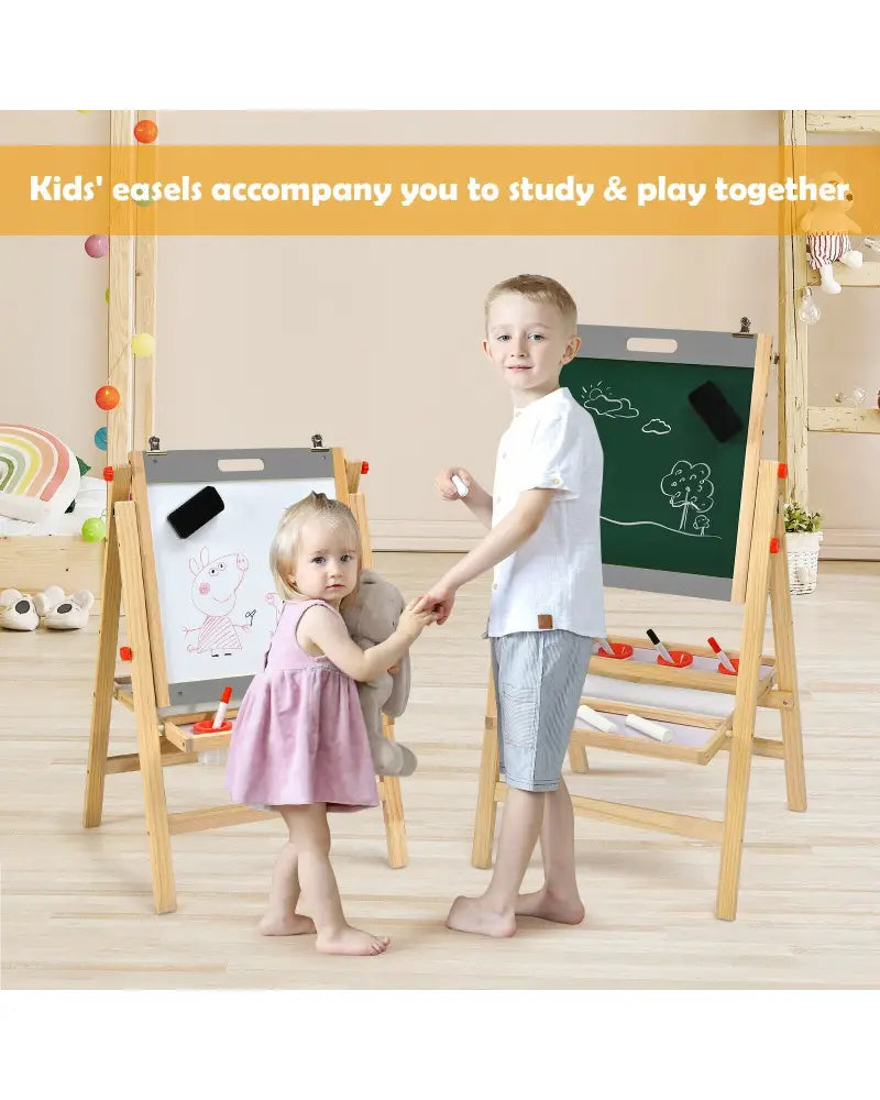 Kids Art Easel with Paper Roll Double Sided Chalkboard and Whiteboard-Gray - Gray - Art Easels
