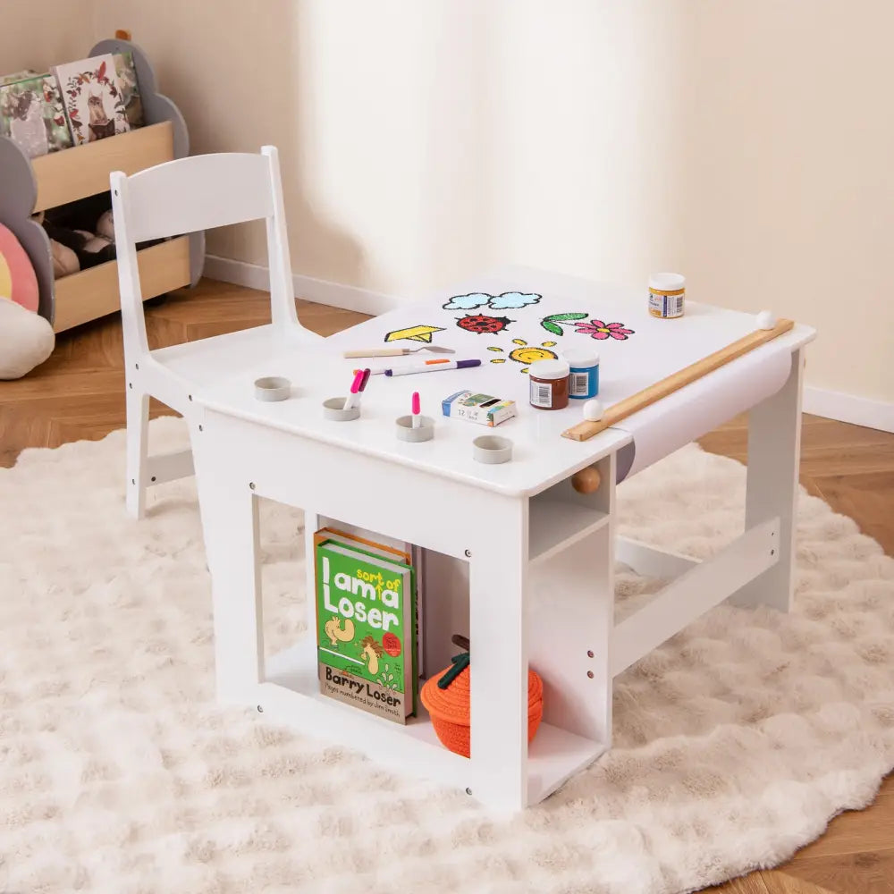 Kids Art Table and Chair Set Toddler Craft Drawing Desk-White - White - Kids Table & Chair Sets