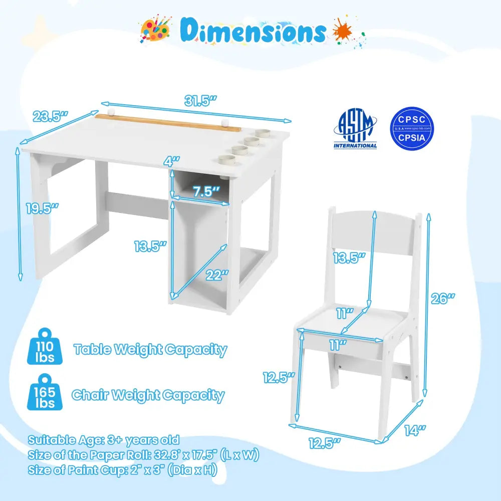 Kids Art Table and Chair Set Toddler Craft Drawing Desk-White - White - Kids Table & Chair Sets