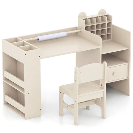 Kids Art Table and Chair Set with Detachable Paper Roll Holder and Cabinet-Natural - Natural - Kids Table & Chair Sets