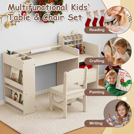 Kids Art Table and Chair Set with Detachable Paper Roll Holder and Cabinet-Natural - Natural - Kids Table & Chair Sets