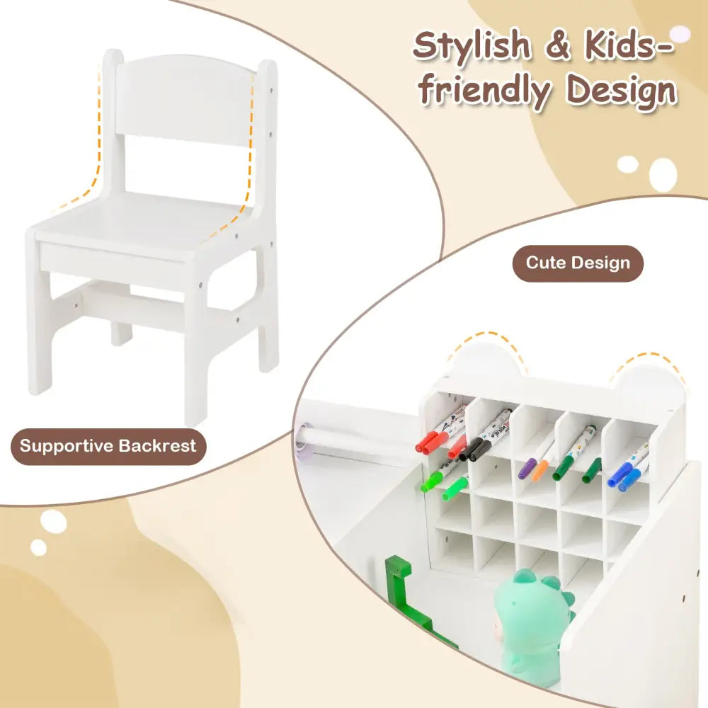 Kids Art Table and Chair Set with Detachable Paper Roll Holder and Cabinet-White - White - Kids Table & Chair Sets