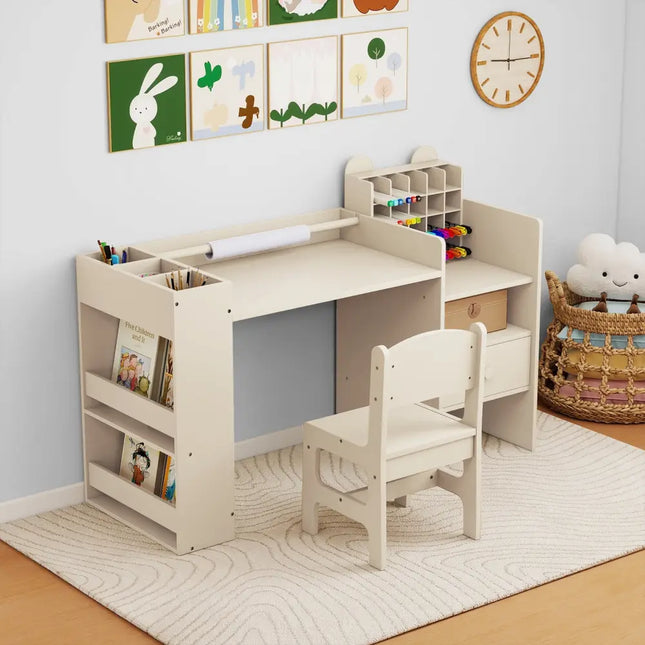 Kids Art Table and Chair Set with Detachable Paper Roll Holder and Cabinet-Natural - Natural - Kids Table & Chair Sets