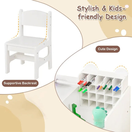 Kids Art Table and Chair Set with Detachable Paper Roll Holder and Cabinet-White - White - Kids Table & Chair Sets