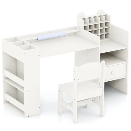 Kids Art Table and Chair Set with Detachable Paper Roll Holder and Cabinet-White - White - Kids Table & Chair Sets