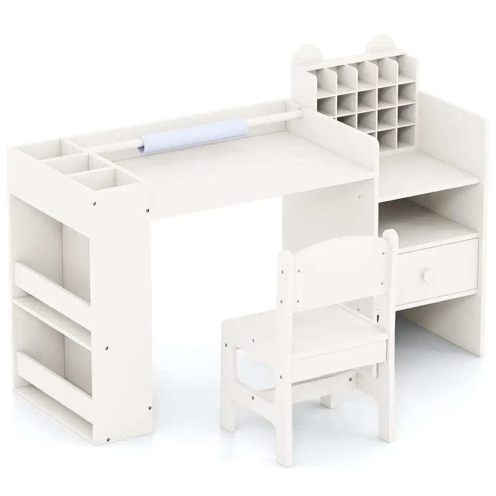 Kids Art Table and Chair Set with Detachable Paper Roll Holder and Cabinet-White - White - Kids Table & Chair Sets