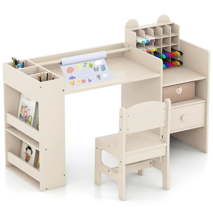 Kids Art Table and Chair Set with Detachable Paper Roll Holder and Cabinet-Natural - Natural - Kids Table & Chair Sets