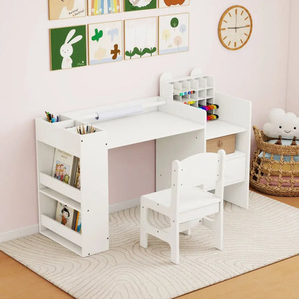 Kids Art Table and Chair Set with Detachable Paper Roll Holder and Cabinet-White - White - Kids Table & Chair Sets
