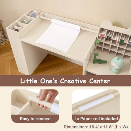 Kids Art Table and Chair Set with Detachable Paper Roll Holder and Cabinet-Natural - Natural - Kids Table & Chair Sets