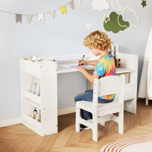 Kids Art Table and Chair Set with Detachable Paper Roll Holder and Cabinet-White - White - Kids Table & Chair Sets