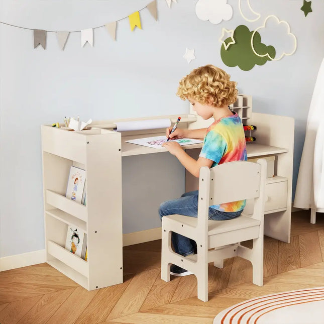 Kids Art Table and Chair Set with Detachable Paper Roll Holder and Cabinet-Natural - Natural - Kids Table & Chair Sets