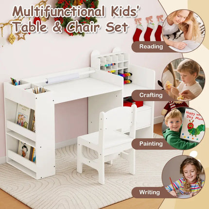 Kids Art Table and Chair Set with Detachable Paper Roll Holder and Cabinet-White - White - Kids Table & Chair Sets