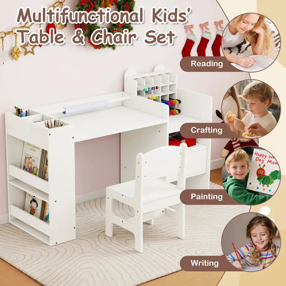 Kids Art Table and Chair Set with Detachable Paper Roll Holder and Cabinet-White - White - Kids Table & Chair Sets