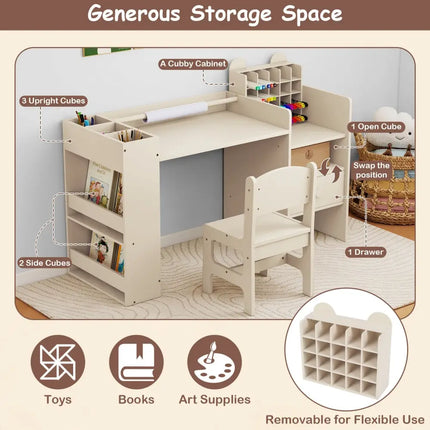 Kids Art Table and Chair Set with Detachable Paper Roll Holder and Cabinet-Natural - Natural - Kids Table & Chair Sets
