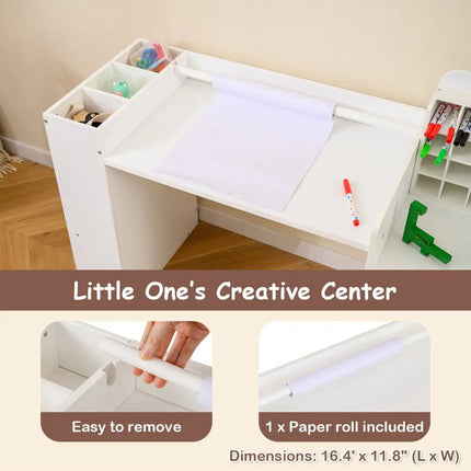 Kids Art Table and Chair Set with Detachable Paper Roll Holder and Cabinet-White - White - Kids Table & Chair Sets