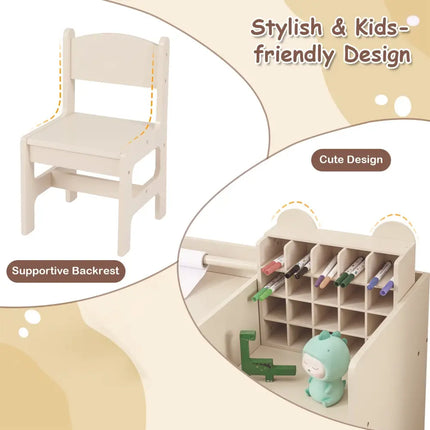 Kids Art Table and Chair Set with Detachable Paper Roll Holder and Cabinet-Natural - Natural - Kids Table & Chair Sets