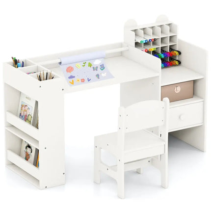 Kids Art Table and Chair Set with Detachable Paper Roll Holder and Cabinet-White - White - Kids Table & Chair Sets