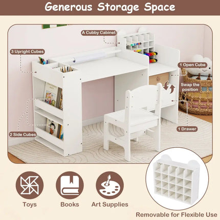 Kids Art Table and Chair Set with Detachable Paper Roll Holder and Cabinet-White - White - Kids Table & Chair Sets