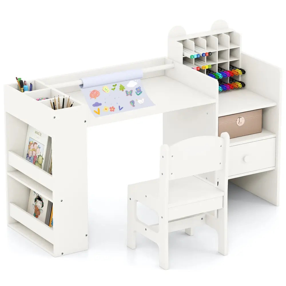 Kids Art Table and Chair Set with Detachable Paper Roll Holder and Cabinet-White - White - Kids Table & Chair Sets