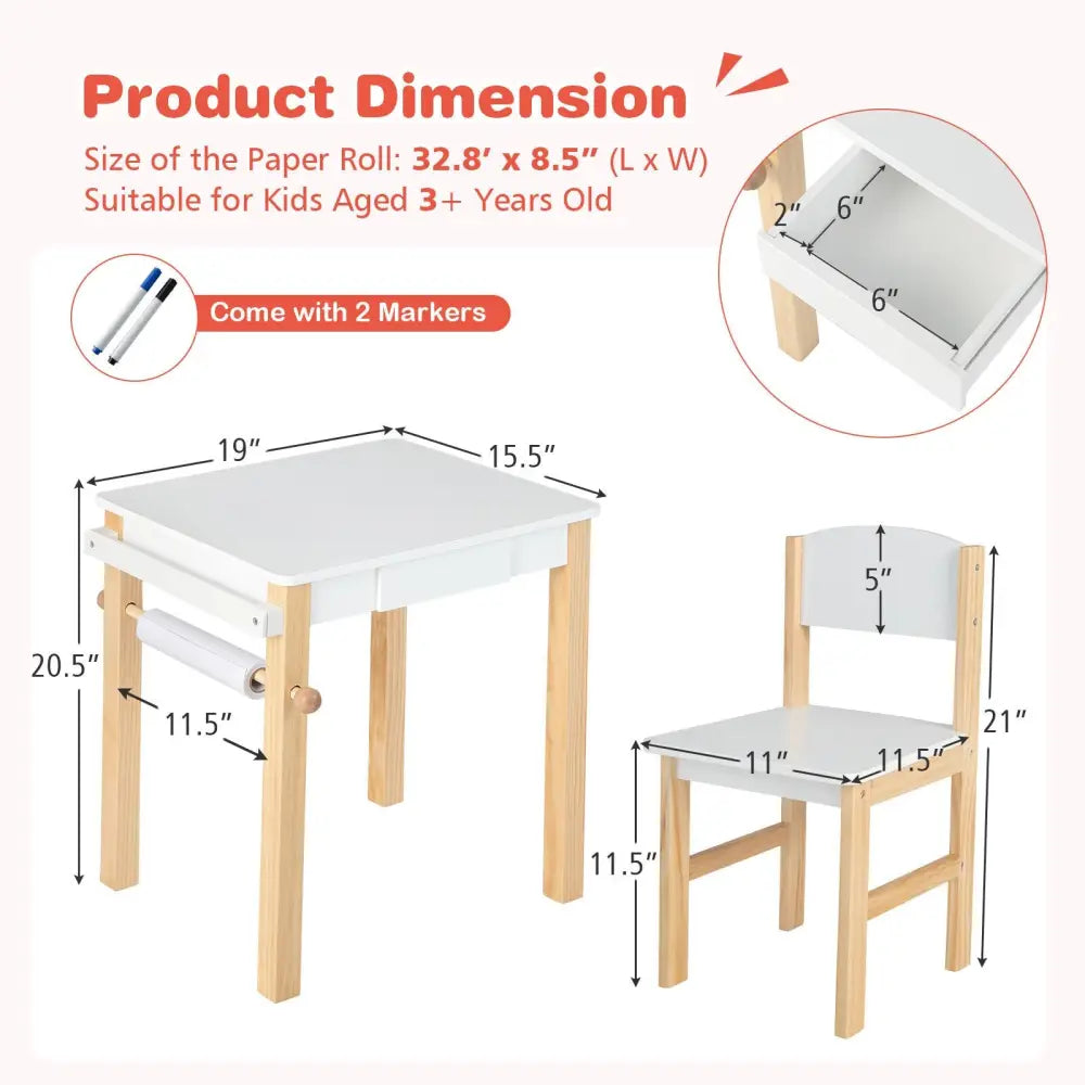 Kids Art Table and Chair Set with Drawer Paper Roll and 2 Markers-White - White - Kids Table & Chair Sets
