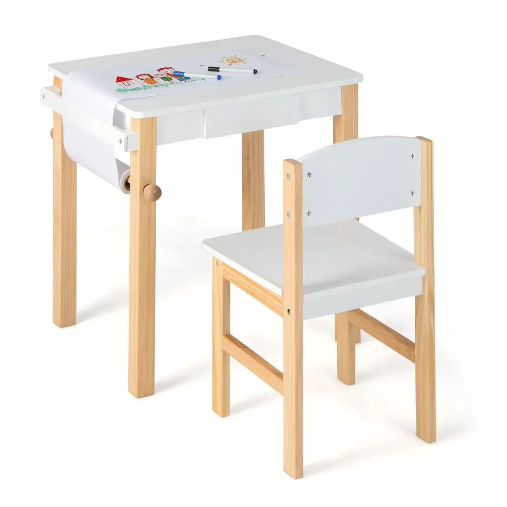 Kids Art Table and Chair Set with Drawer Paper Roll and 2 Markers-White - White - Kids Table & Chair Sets