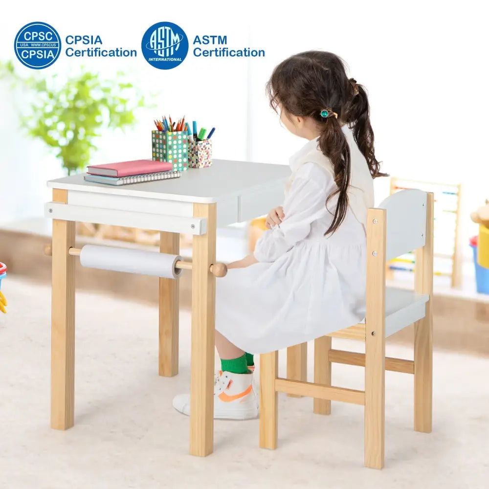 Kids Art Table and Chair Set with Drawer Paper Roll and 2 Markers-White - White - Kids Table & Chair Sets