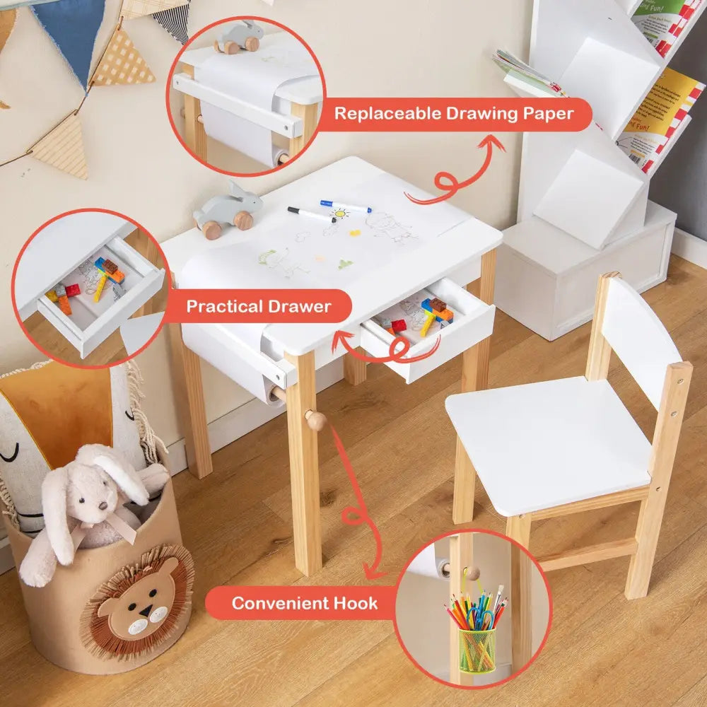 Kids Art Table and Chair Set with Drawer Paper Roll and 2 Markers-White - White - Kids Table & Chair Sets