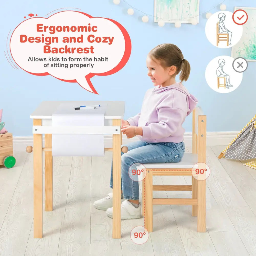 Kids Art Table and Chair Set with Drawer Paper Roll and 2 Markers-White - White - Kids Table & Chair Sets