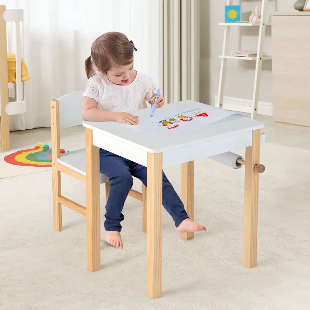 Kids Art Table and Chair Set with Drawer Paper Roll and 2 Markers-White - White - Kids Table & Chair Sets