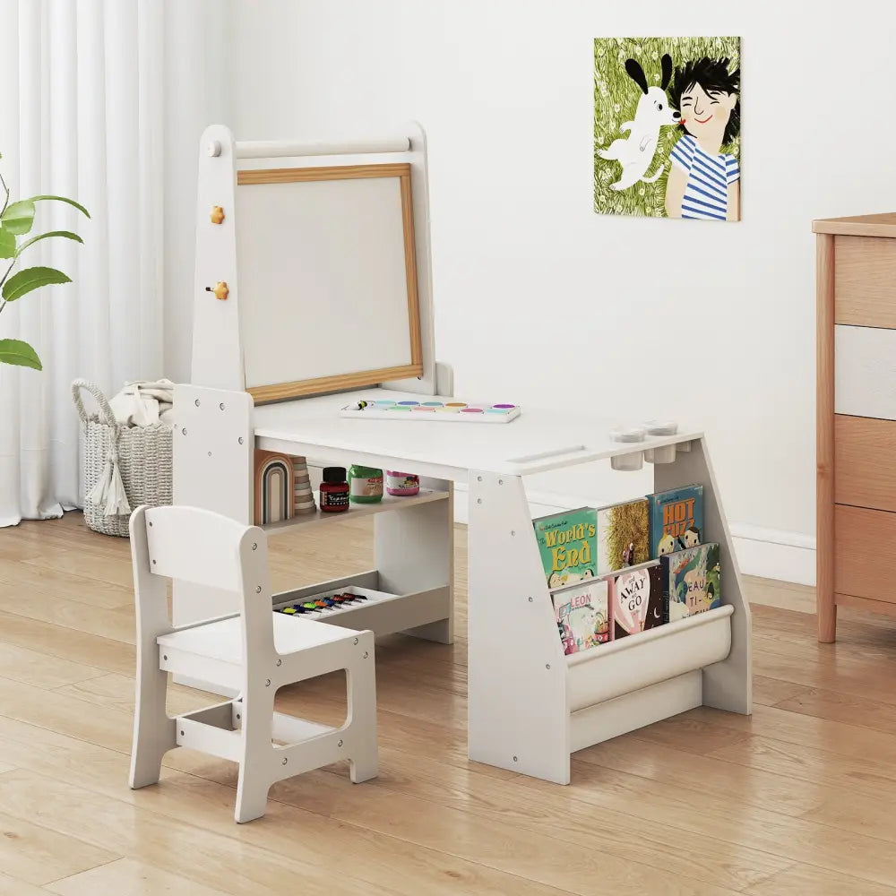 Kids Art Table and Chair Set with Easel and Chair for Drawing Reading-Grey - Gray - Art Easels