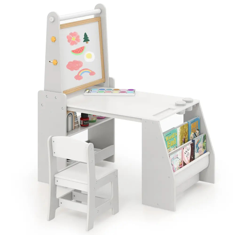 Kids Art Table and Chair Set with Easel and Chair for Drawing Reading-Grey - Gray - Art Easels