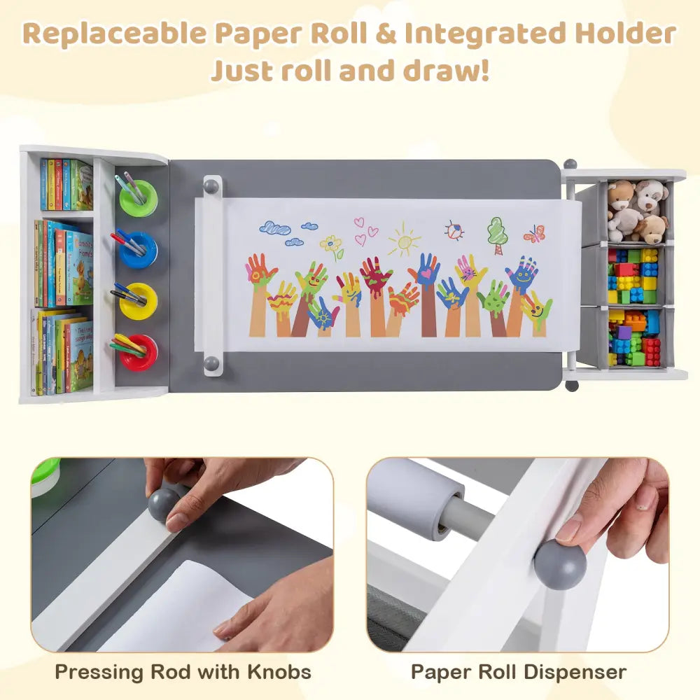 Kids Art Table and Chair with Paper Roll and Fabric Bins for Drawing Reading Studying Playing-Gray - Gray - Kids Table