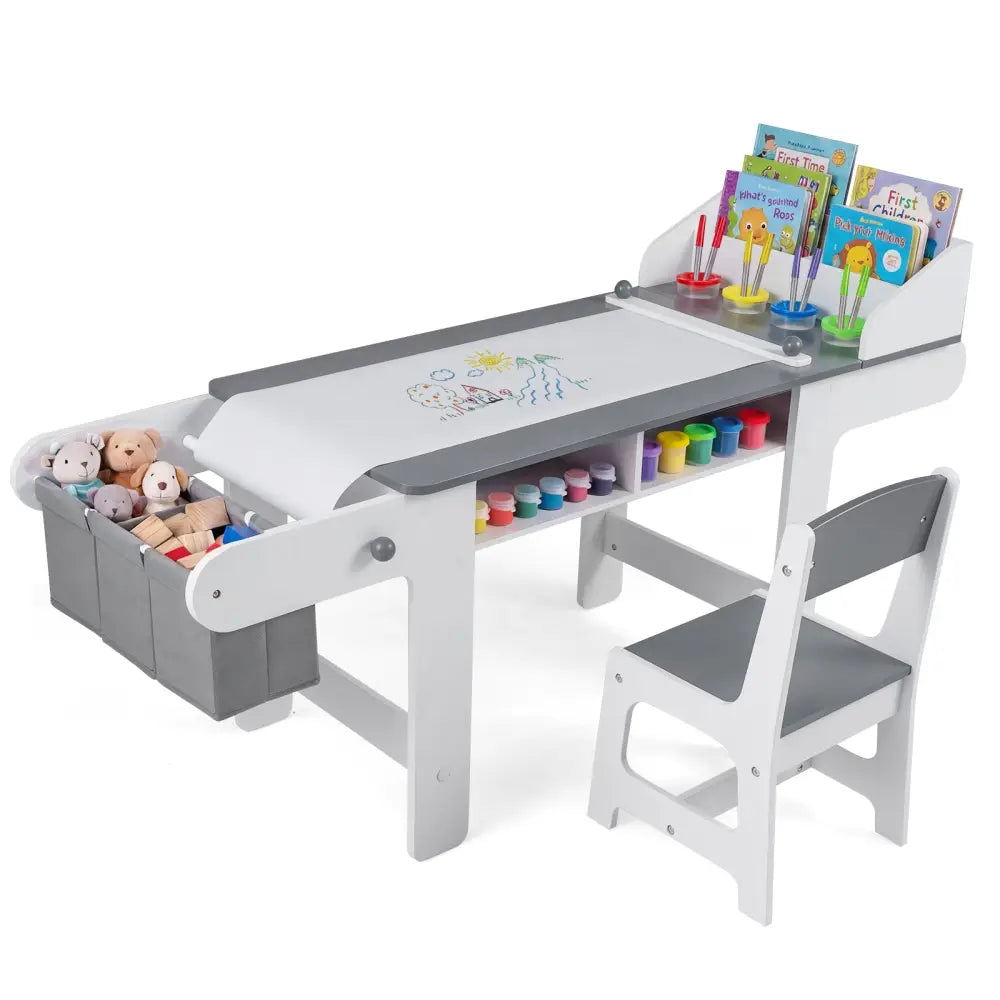 Kids Art Table and Chair with Paper Roll and Fabric Bins for Drawing Reading Studying Playing-Gray - Gray - Kids Table