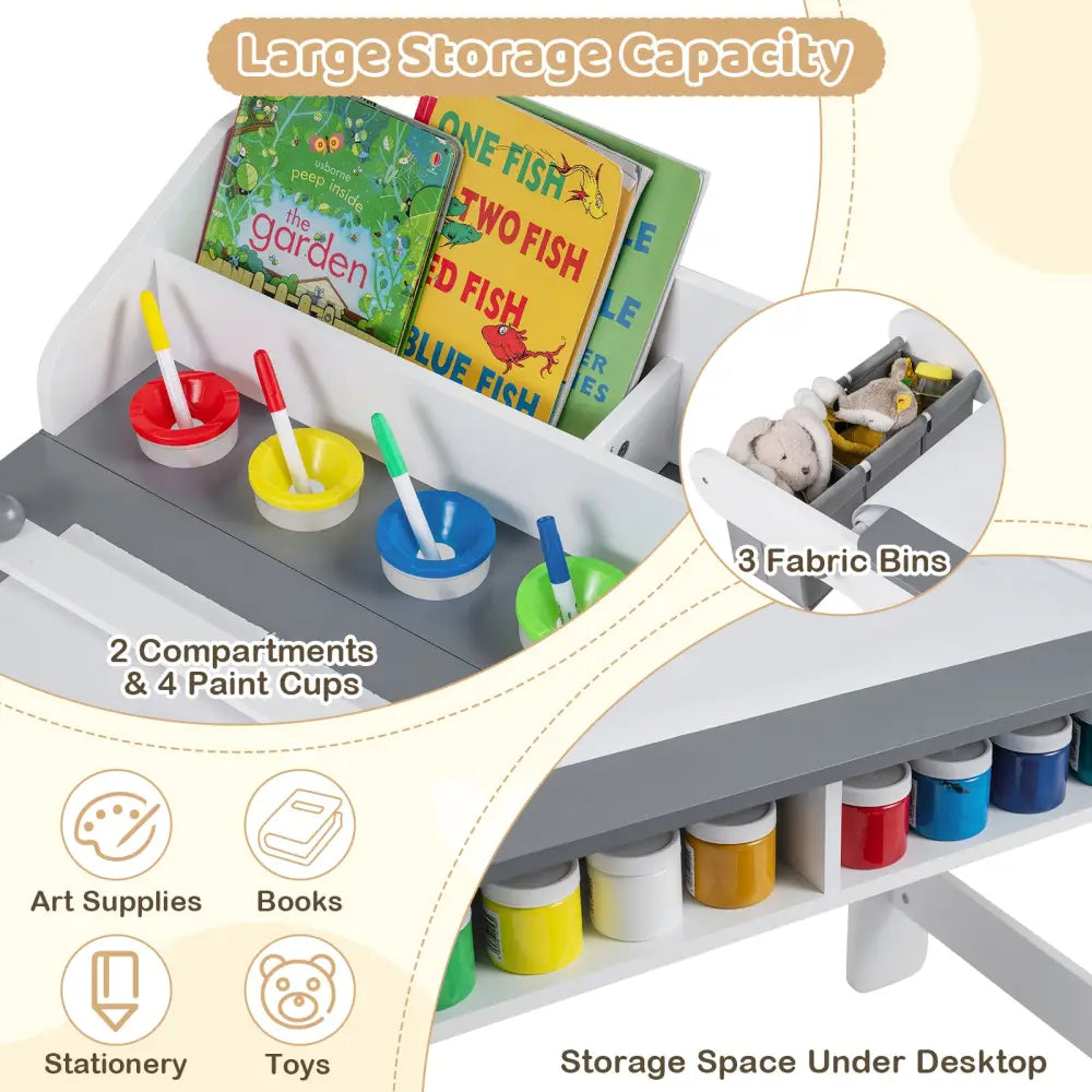Kids Art Table and Chair with Paper Roll and Fabric Bins for Drawing Reading Studying Playing-Gray - Gray - Kids Table