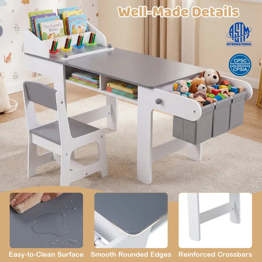 Kids Art Table and Chair with Paper Roll and Fabric Bins for Drawing Reading Studying Playing-Gray - Gray - Kids Table