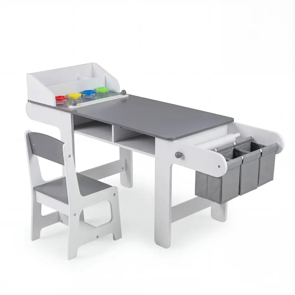 Kids Art Table and Chair with Paper Roll and Fabric Bins for Drawing Reading Studying Playing-Gray - Gray - Kids Table