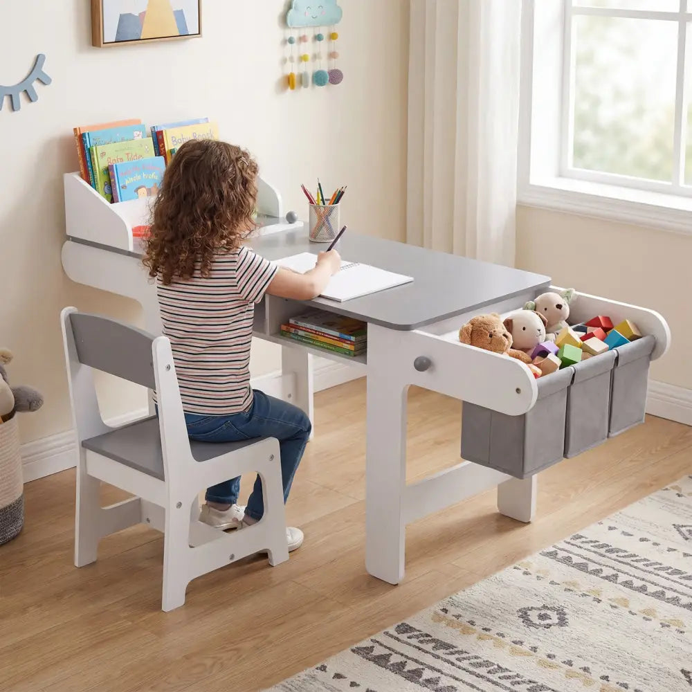 Kids Art Table and Chair with Paper Roll and Fabric Bins for Drawing Reading Studying Playing-Gray - Gray - Kids Table