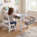 Kids Art Table and Chair with Paper Roll and Fabric Bins for Drawing Reading Studying Playing-Gray - Gray - Kids Table