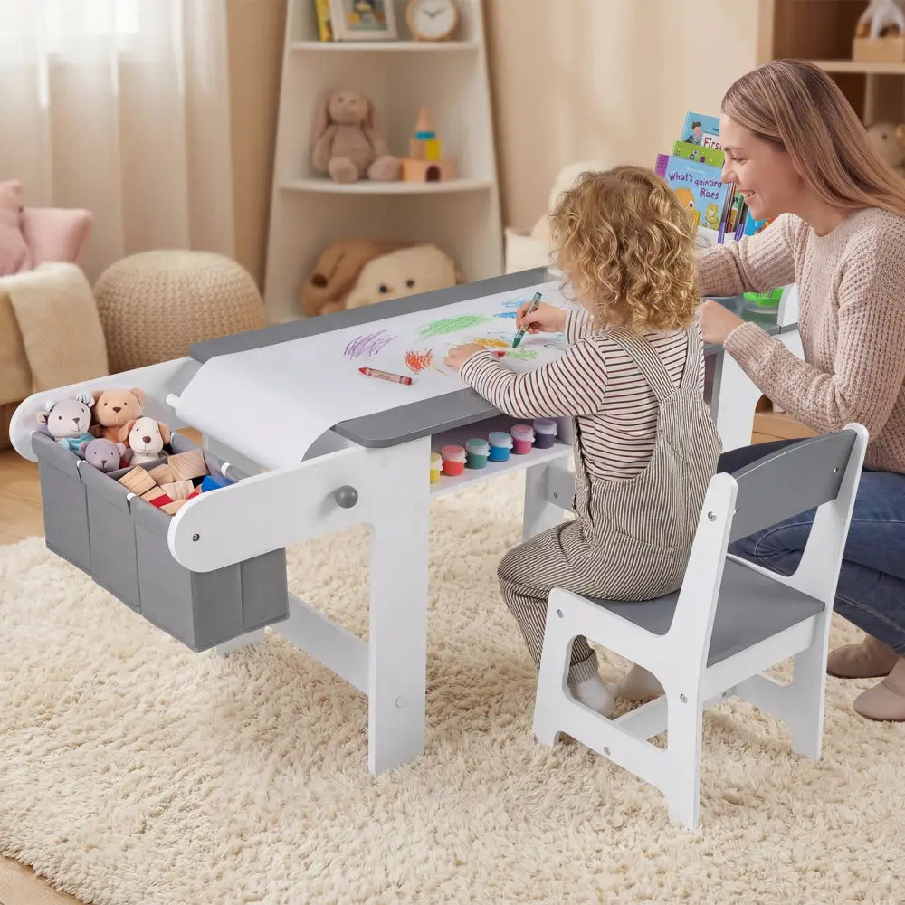 Kids Art Table and Chair with Paper Roll and Fabric Bins for Drawing Reading Studying Playing-Gray - Gray - Kids Table