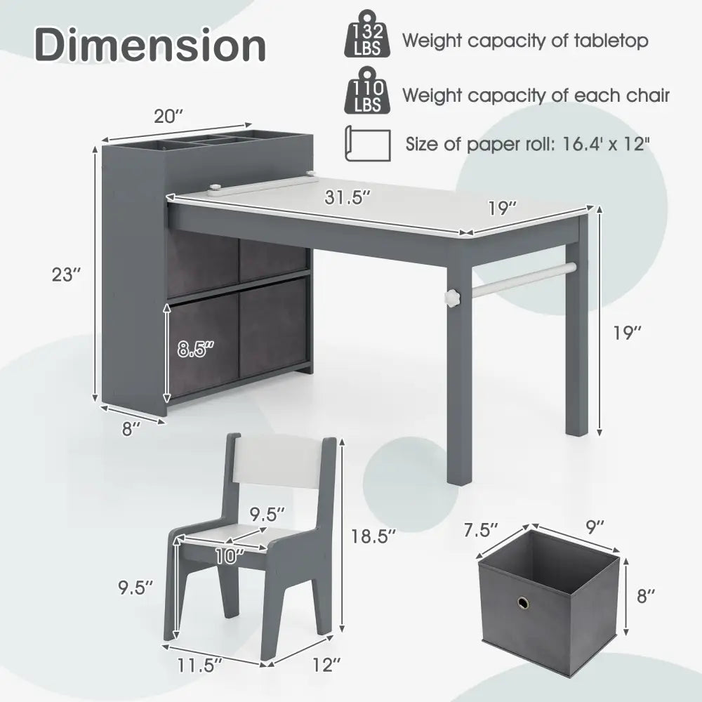 Kids Art Table and Chairs Set with 2 Chairs and Paper Roll-Gray - Gray - Kids Table & Chair Sets