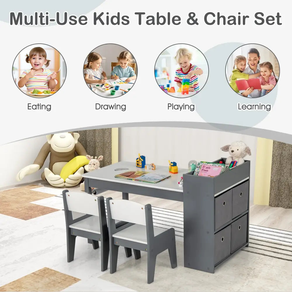 Kids Art Table and Chairs Set with 2 Chairs and Paper Roll-Gray - Gray - Kids Table & Chair Sets