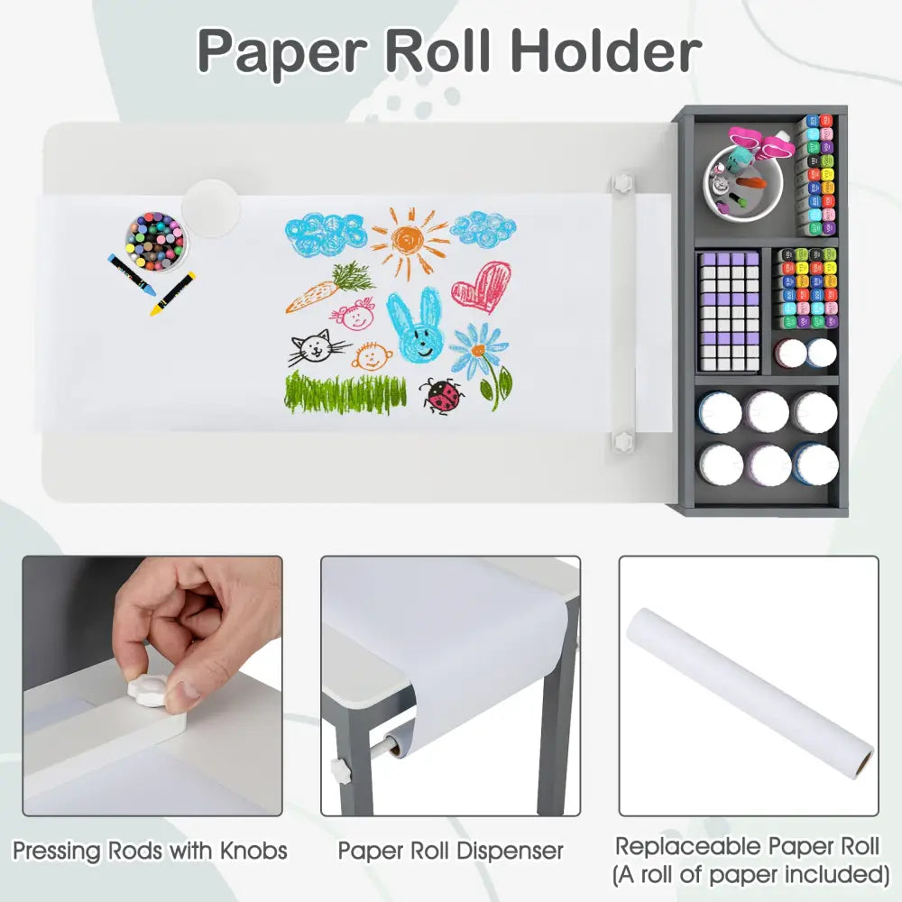 Kids Art Table and Chairs Set with 2 Chairs and Paper Roll-Gray - Gray - Kids Table & Chair Sets