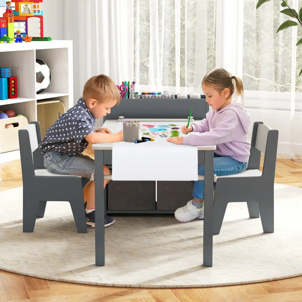 Kids Art Table and Chairs Set with 2 Chairs and Paper Roll-Gray - Gray - Kids Table & Chair Sets